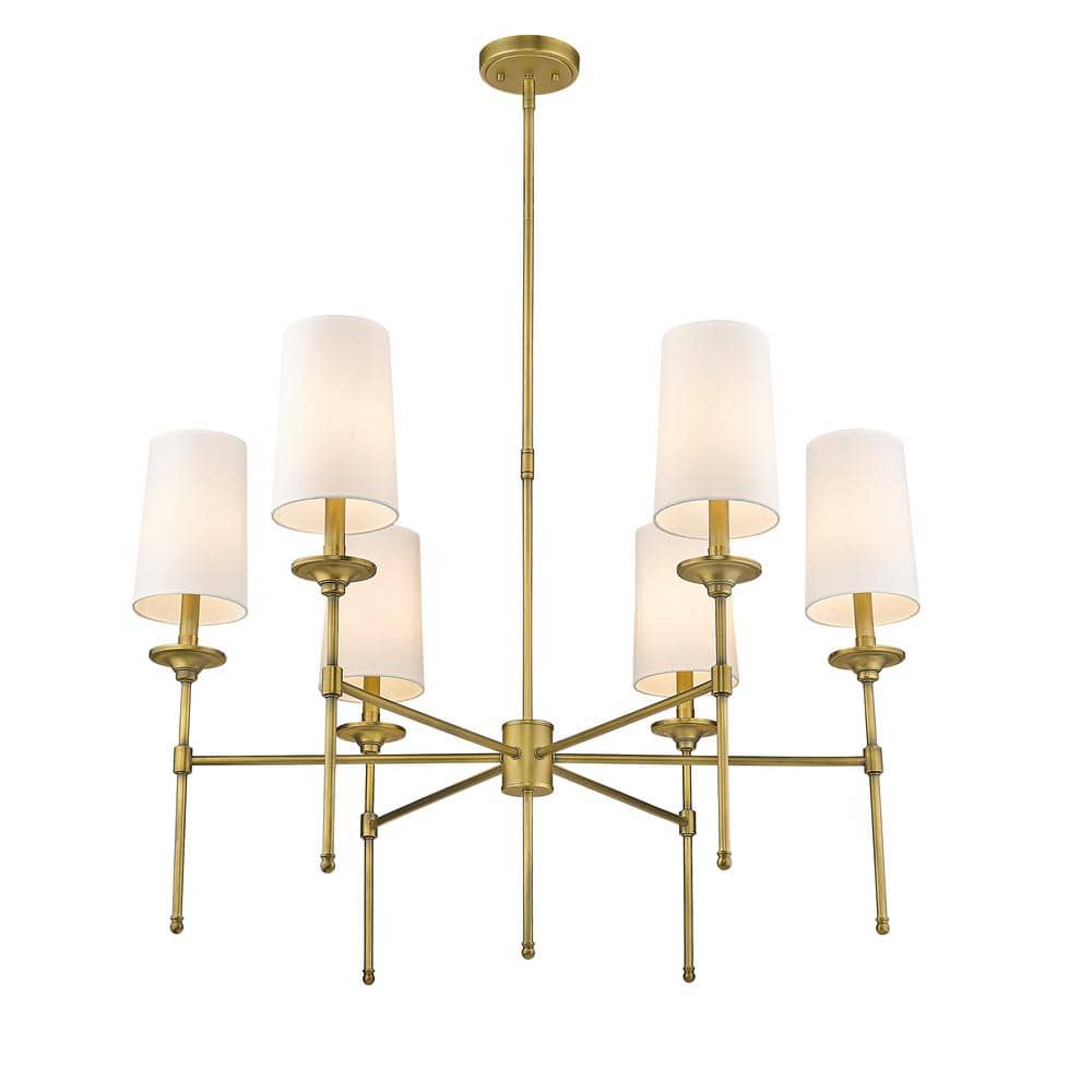 Emily Rubbed Brass 6-Light Chandelier with Off-White Shades