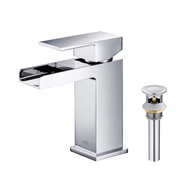 Single Hole Waterfall Single Handle Bathroom Vanity Sink Faucet with Pop Up Drain in Chrome
