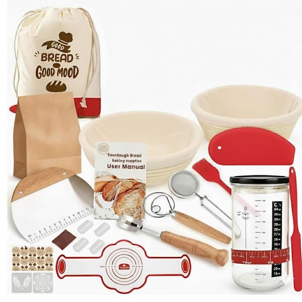Sourdough Starter Kit w/ 2 Rattan Proofing Baskets, Jar, Lame, Scraper, Whisk, 11 Bread Bags and Accessories for Baking