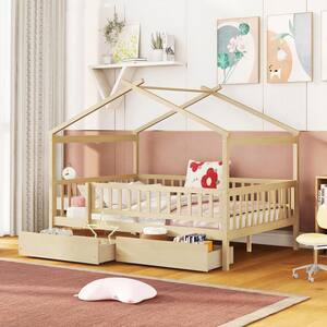 Natural Full Size Wood House Bed with Two Drawers and Fence Guardrails