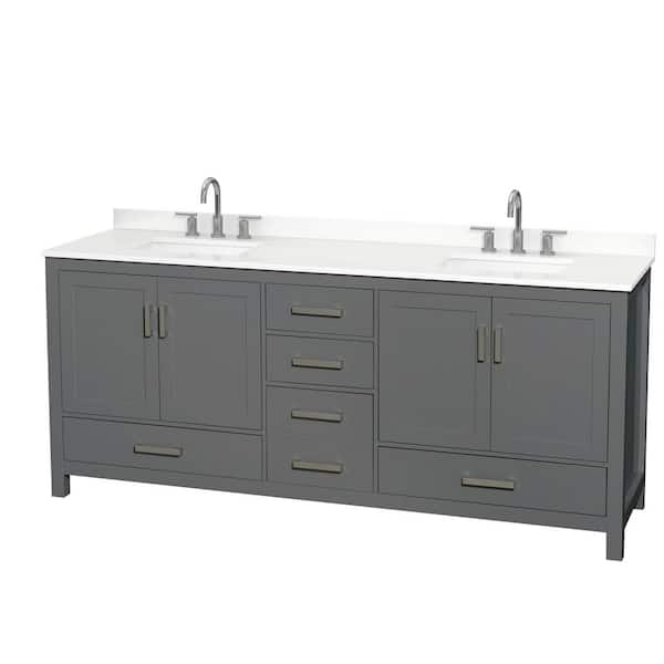 Wyndham Collection Sheffield 80 in. W x 22 in. D x 35 in. H Double Bath Vanity in Dark Gray with White Quartz Top