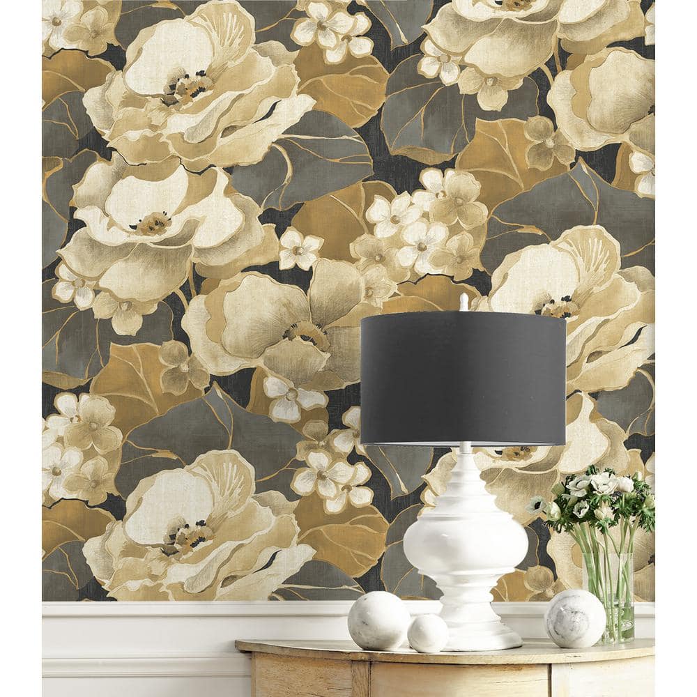 Ebony and Antique Gold Floral Peel and Stick Wallpaper