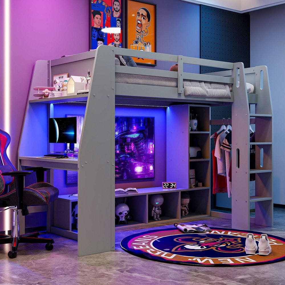 Gaming Style Gray Twin Size Wood Loft Bed with Built-in Tabletop, LED, Multiple Storage Shelves, a Hanging Clothes Rack price history on PriceWatchPro