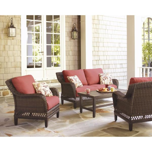 Hampton Bay Woodbury 4-Piece Wicker Outdoor Patio Seating Set with Chili Cushion