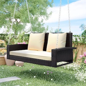 50 in. W 2-Person Wicker Hanging Porch Swing with Chains White Cushion Pillow Rattan Swing Bench for Garden Backyard