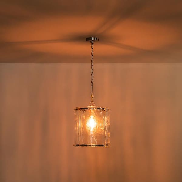 12.6 in. 1-Light Modern Farmhouse Nickel Adjustable Chain Pendant Light with Cylinder Handcrafted Textured Glass Shade