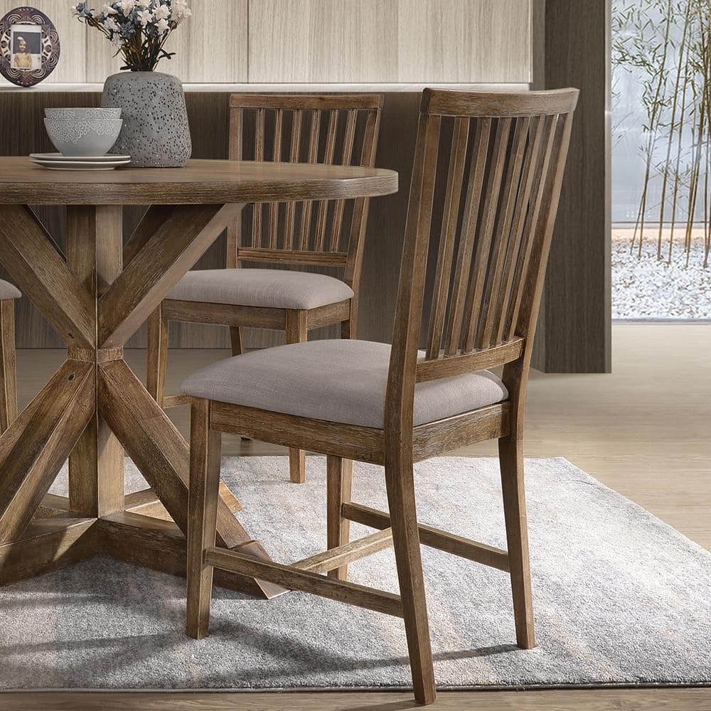 Beige Linen Upholstered Ladderback Side Chair with Wood Frame