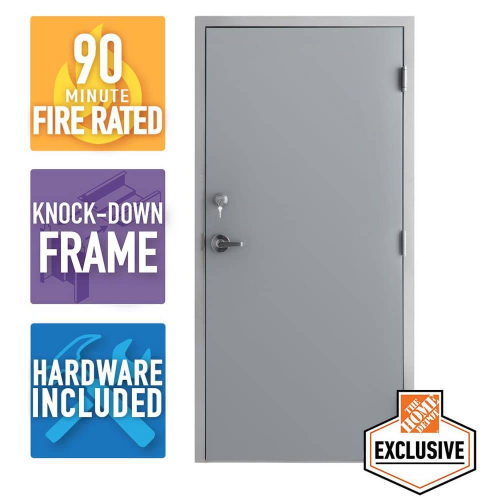 36 in. x 80 in. Gray Left-Hand Flush Steel Commercial Door with Knock Down 