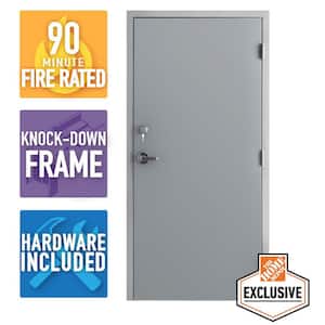 36 in. x 80 in. Gray Left-Hand Flush Steel Commercial Door with Knock Down Frame and Hardware