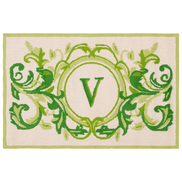 Monogram Beige/Green 3 ft. x 4 ft. "V" Swirl Leaves Indoor/Outdoor Area Rug