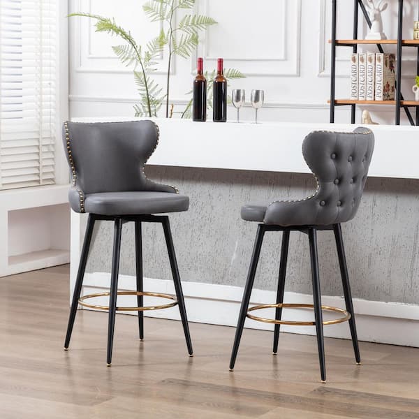 ANBAZAR 29 in.H Dark Gray Low Back Metal Frame, 28.7 in.H Stool, Bar Stool with Fabric Seat and Footrest Set of 2