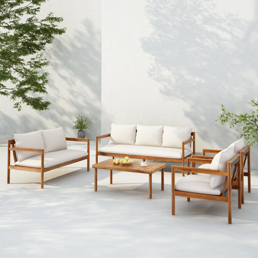 Balzac Outdoor 5-Piece Solid Wood and Rope Weave Patio Conversation Set with Cream Cushions, Teak Finish price history on PriceWatchPro