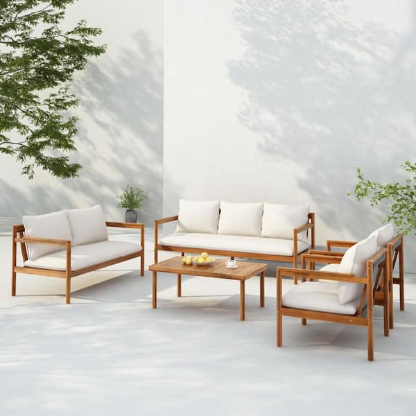 Balzac Outdoor 5-Piece Solid Wood and Rope Weave Patio Conversation Set with Cream Cushions, Teak Finish