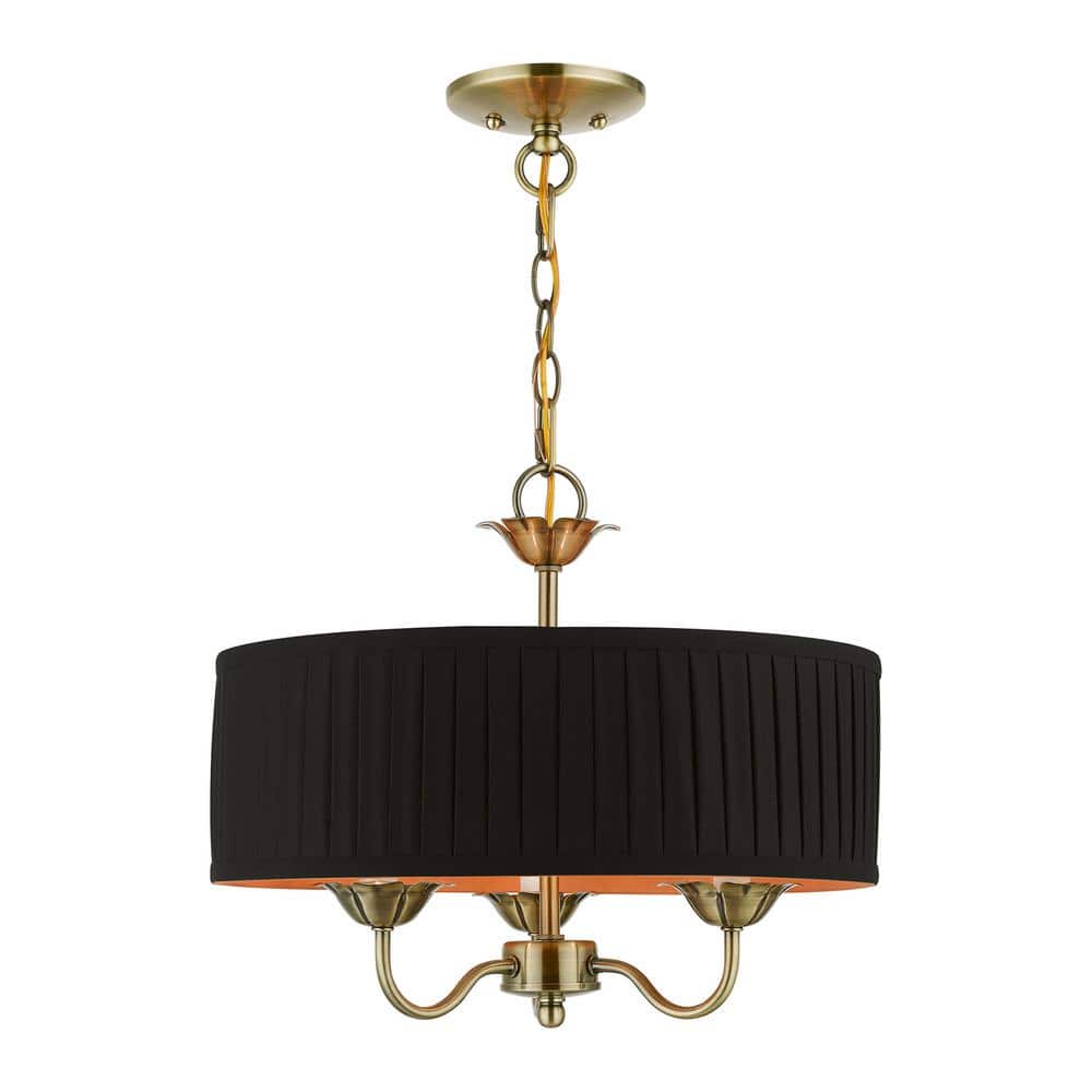 Antique Brass Transitional 3-Light Drum Pendant with Pleated Shade
