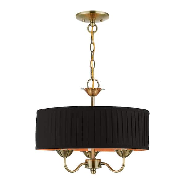 AVIANCE LIGHTING Applevale 3-Light Antique Brass Pendant Chandelier with Pleated Black Fabric Shade and Orange Fabric Inside