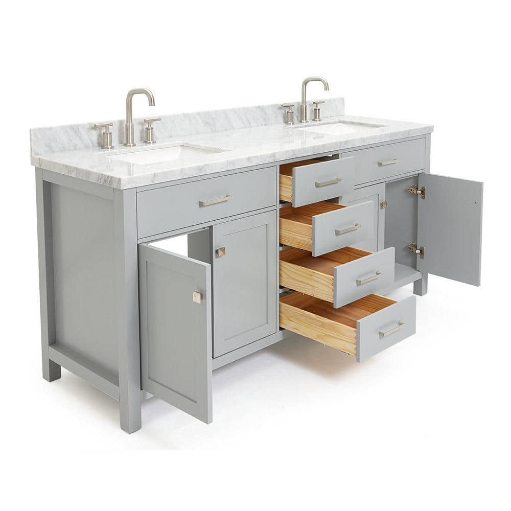 Grey Double Freestanding Vanity with White Marble Top