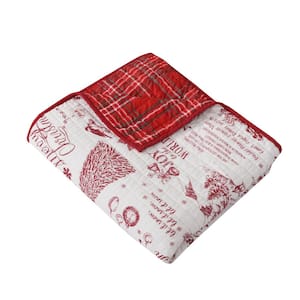Yuletide Red White Christmas Toile Quilted Cotton Throw Blanket