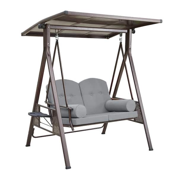 2-Seat Outdoor Porch Metal Swing, Patio Swing with Adjustable PVC Canopy, Upgraded Cup Holder & Gray Removable Cushions