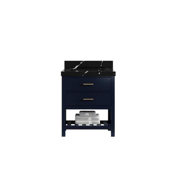 Willow Collections Parker 30 in. Single Sink Freestanding Navy Blue Bath Vanity with Calacatta Black Qt. Top Unassembled