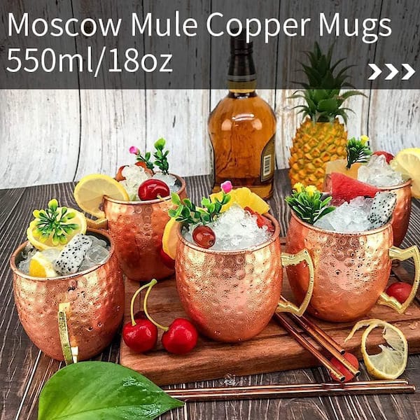 Wudkey 4-Piece Stainless Steel Mule Copper Mugs, 18 oz. Copper