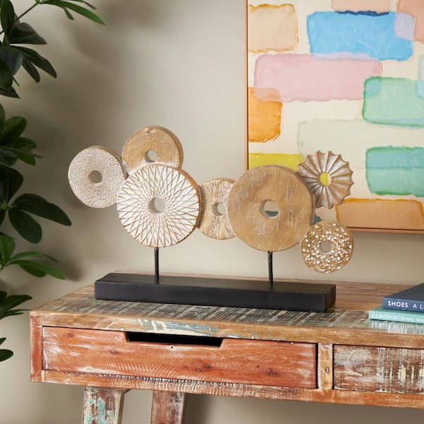Litton Lane 14 in. Beige Resin Overlapping Carved Circle Disk Floral Sculpture with Black Stand