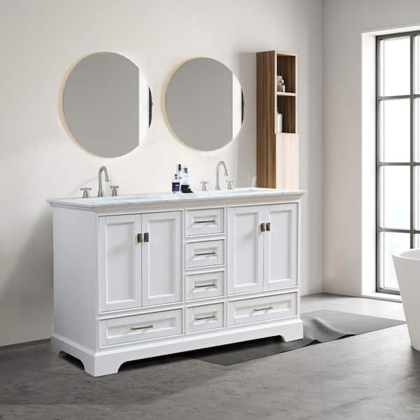 Britney 60 in. W x 22 in. D x 34 in. H Double Bath Vanity in White with White Carrara Marble Top with White Sinks