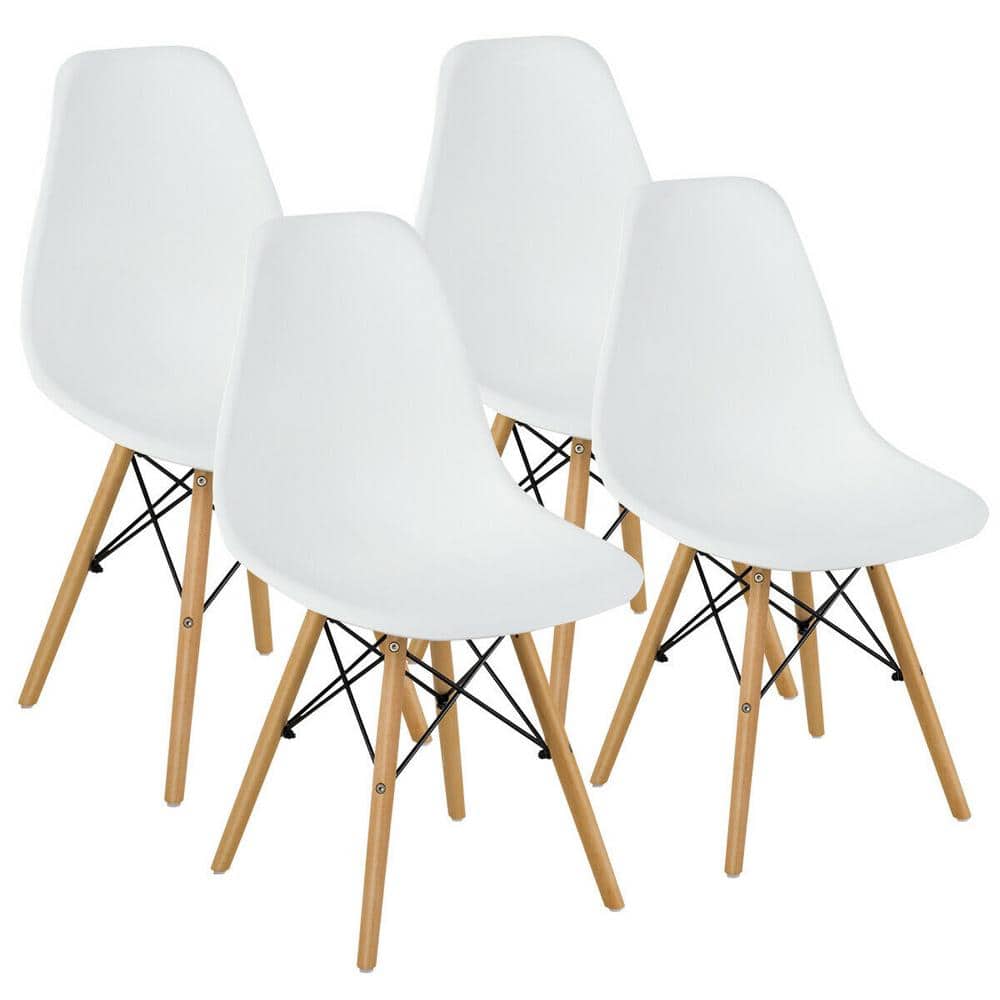 White Armless Dining Side Chairs with Beech Wood Legs (Set of 4)