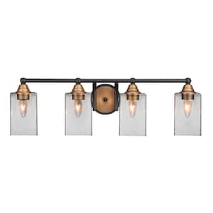Madison 6.75 in. 4-Light Bath Bar, Matte Black and Brass, Square Clear Bubble Glass Vanity-Light