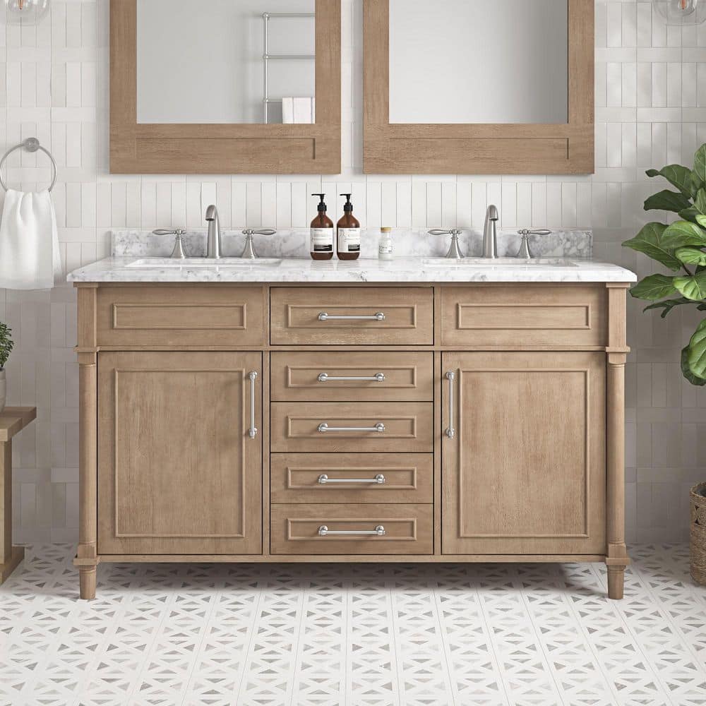 Aberdeen 60 in. Double Sink Antique Oak Bath Vanity with Carrara Marble Top (Assembled) price history on PriceWatchPro