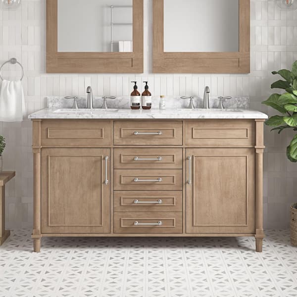 Aberdeen 60 in. Double Sink Antique Oak Bath Vanity with Carrara Marble Top (Assembled)
