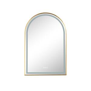 26 in. W x 39 in. H Small Arched Black Framed LED Wall Bathroom Vanity Mirror in Brushed Gold