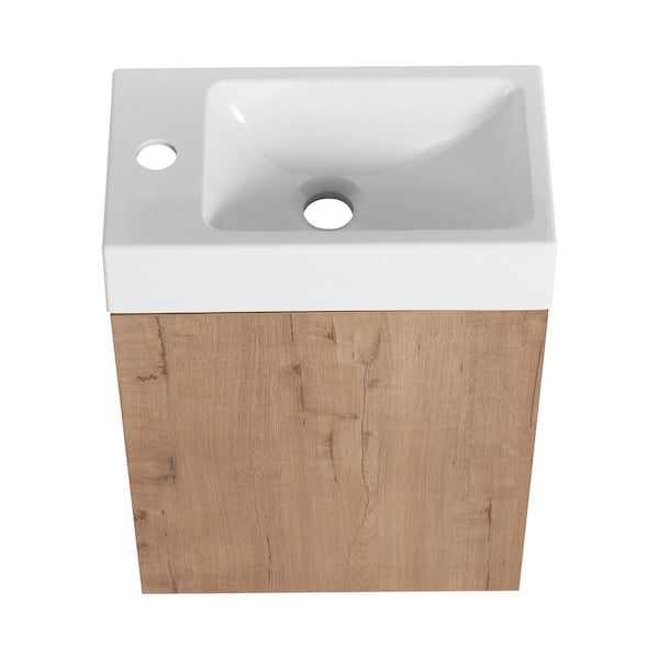 16 in. Wall-Mounted Single Brown Bath Vanity with White Resin Vanity Top Assembled