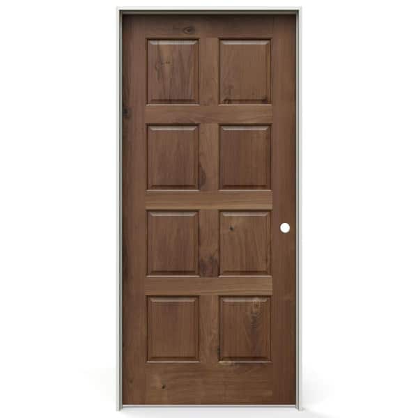 JELD-WEN 36 in. x 80 in. 8 Panel Left-Handed Solid Core Clear Finish Walnut Wood Single Prehung Interior Door