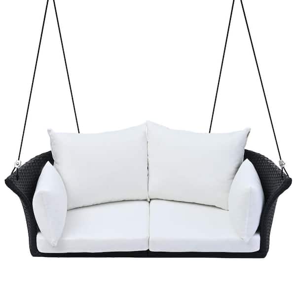 Sudzendf Black 2-Person Hanging Seat, Rattan Woven Wicker Swing Chair with White Cushion and Ropes