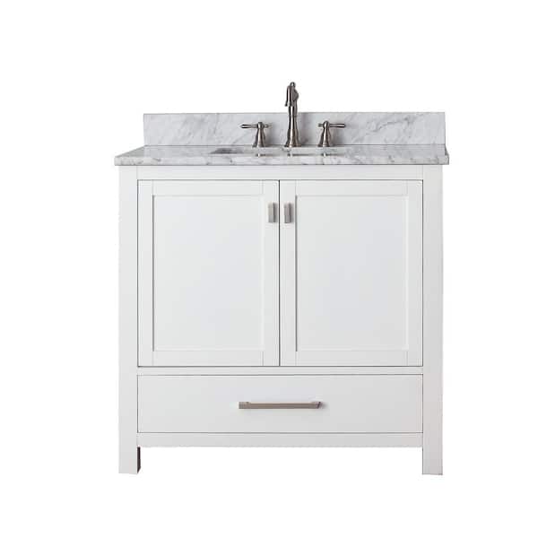 Avanity Modero 37 in. Single Sink White Bath Vanity with Carrara White Marble Top