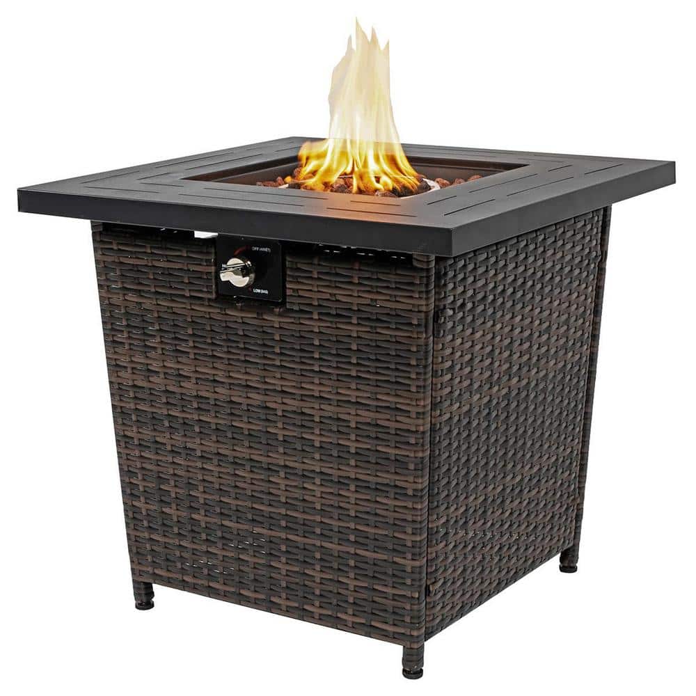 Cesicia 27 in. Brown Wicker Rattan Rectangular Propane Gas Fire Pit