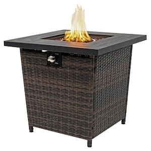 27 in. Brown Wicker Rattan Rectangular Propane Gas Fire Pit Table 40,000 BTU with Steel Lid and Laval Rocks