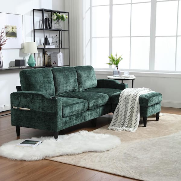 78 in. Square Arm Chenille Fabric Rectangle Sofa in Emerald with 2-Cup Holders and Storage Footstool