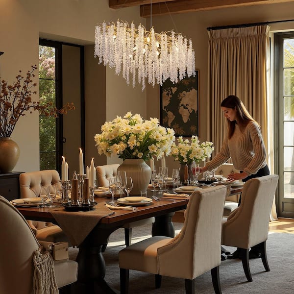 SILJOY 11-Light Gold Crystal Modern Rectangular Chandelier for