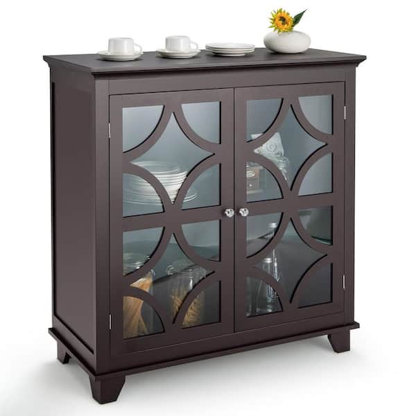 Costway Kitchen Storage Cabinet Buffet Sideboard w/Glass Doors and Adjustable Shelf Brown
