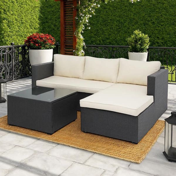 Maypex Black Steel Frame 3-Piece Wicker Outdoor Sectional Sofa Set with Beige Cushions