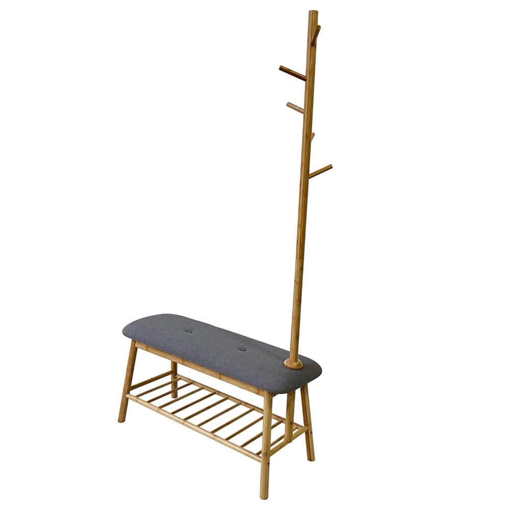 Gray Upholstered Hall Tree with Bamboo Frame and Storage Bench