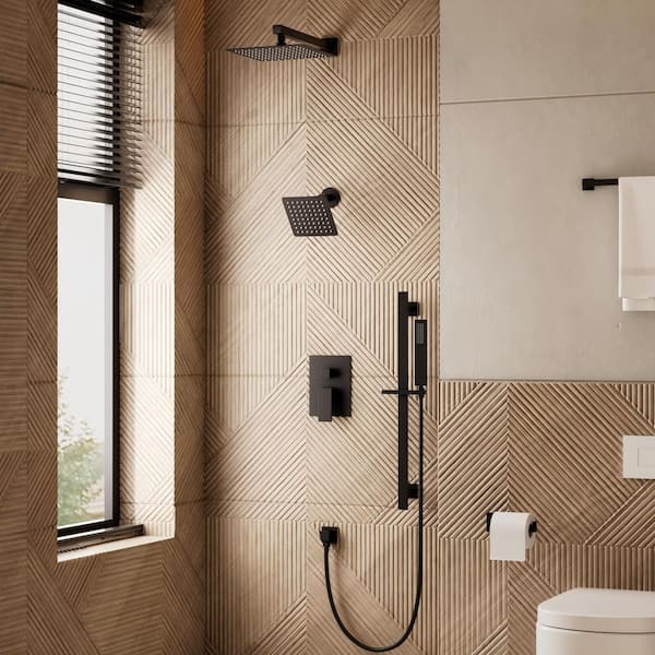 Crozet 3-Spray 10 in. Wall Mount Dual Fixed and Handheld Shower Head Shower Faucet Hand Shower 2.5 GPM in Matte Black