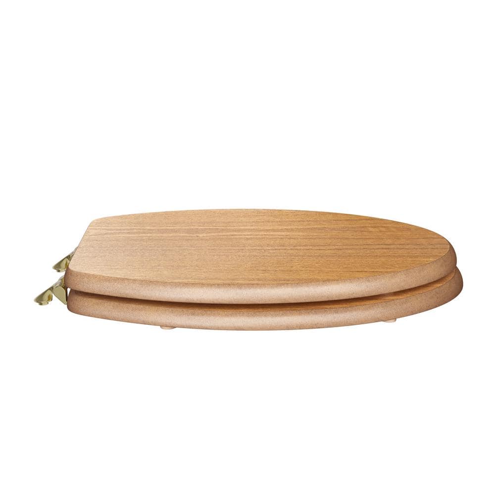 Light Oak Elongated Wood Toilet Seat with Brass Hinges