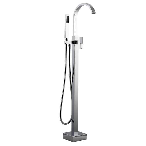 Single-Handle Waterfall Floor Mount Freestanding Tub Faucet Bathtub Filler with Hand Shower in Polished Chrome