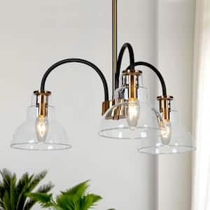 Modern Dining Room Branch Pendant Light 3-Light Black and Brass Pendant Light with Dome Clear Glass Shades
