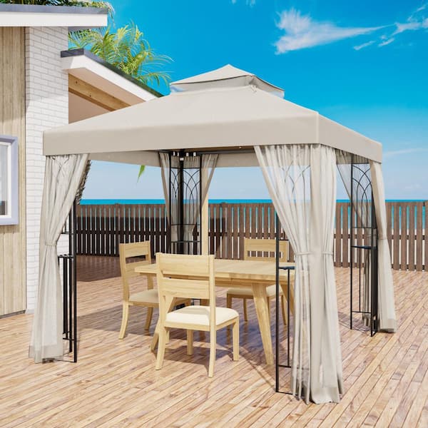 8 ft. x 8 ft. Beige Steel Soft Top Gazebo Canopy with Netting