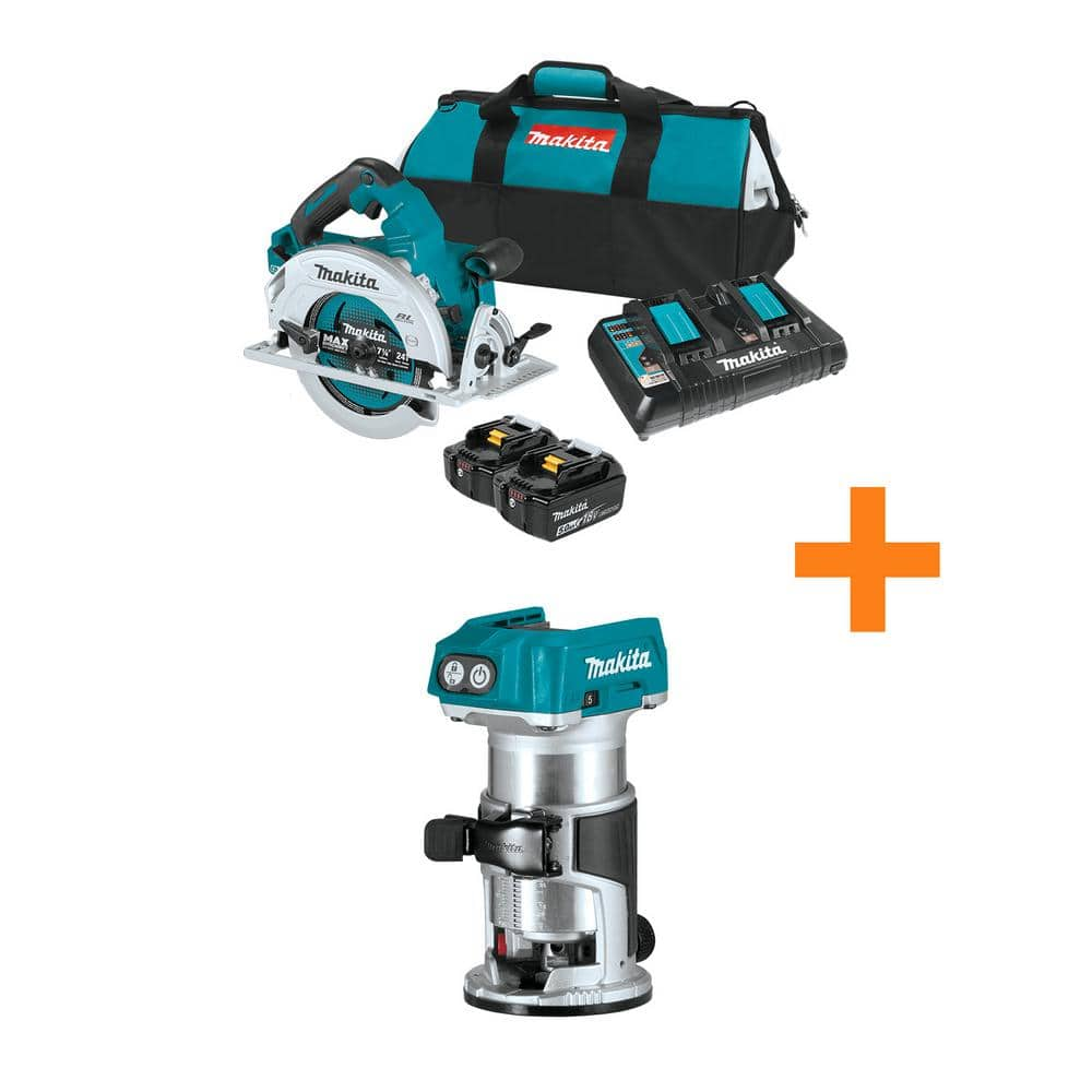 18V X2 LXT (36V) Brushless 7-1/4 in. Circular Saw Kit 5.0Ah with 18V LXT Brushless Variable Speed Compact Router -  Makita, XSH06PT-XTR01Z