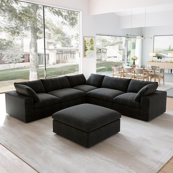 Magic Home 120.45 in. L-Shape 6-Piece 30% Linen Down Filled Rectangle Sectional Sofa Seperable Corner Couch with Ottoman in Black