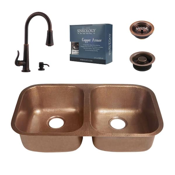SINKOLOGY Kandinsky All-in-One Undermount Solid Copper 32 in. 50/50 Double Bowl Kitchen Sink with Pfister Bronze Faucet and Drains